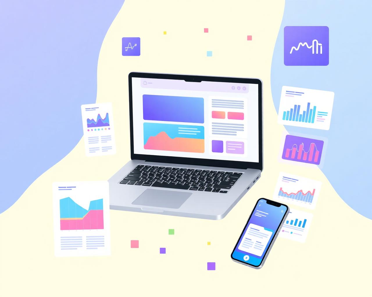 Website mockups, social media designs and analytics graphics